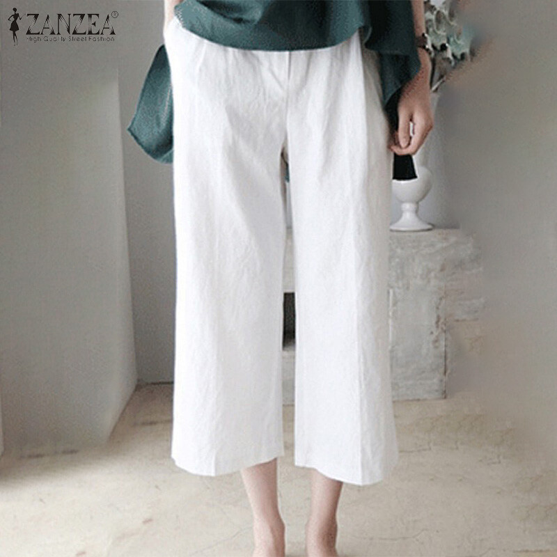 ZANZEA Womens Summer Cotton Loose Cropped Pants Elastic Waist Solid Trousers Slacks