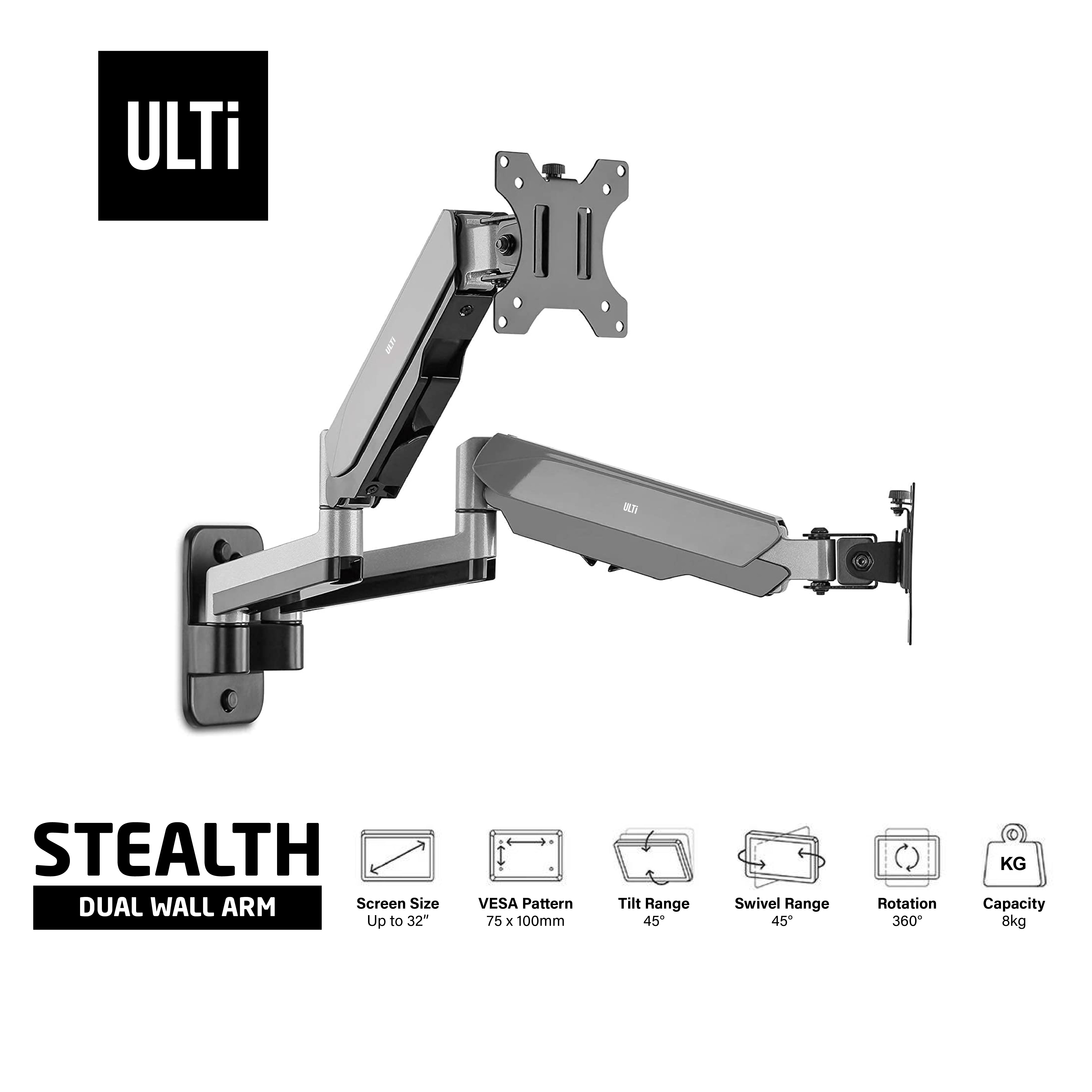 ULTi Dual Monitor Wall Mount, Gas Spring Built-in Full Motion Arm for Flat & Curved Screens, VESA, Cable Management, 32'