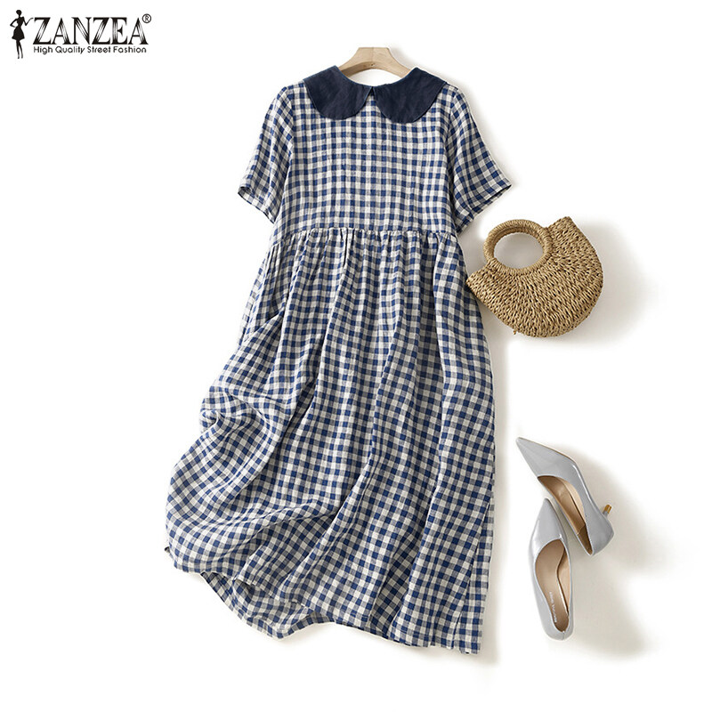 ZANZEA Women's Vintage Commute Lattice Printed Maxi Dresses Fashion Lapel Pleated Sundress #2